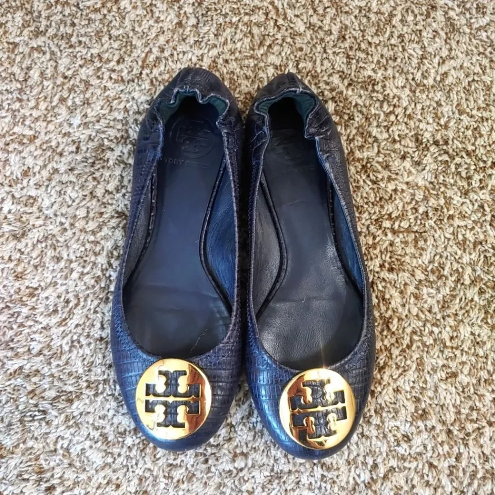 Tory Burch Travel Ballet Flats Women's 7.5 Black Snake Print Leather Gold Logo